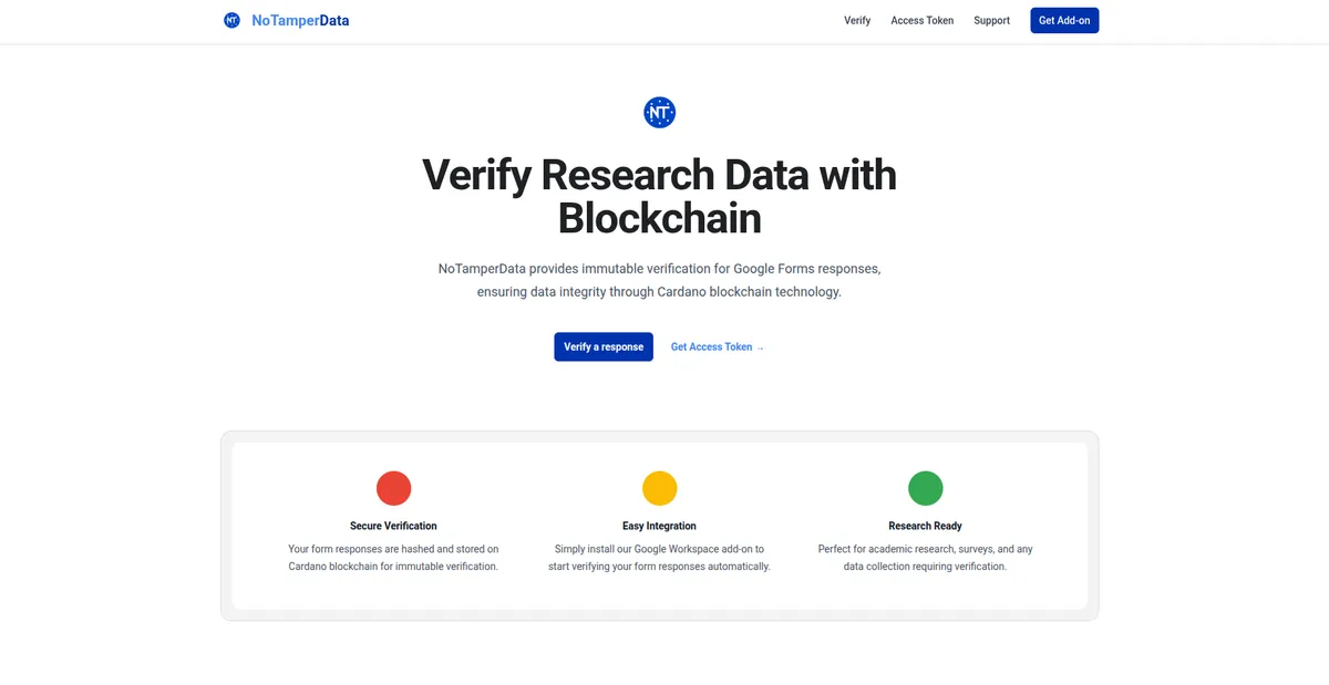 Notamperdata's landing page: verify research data with blockchain.