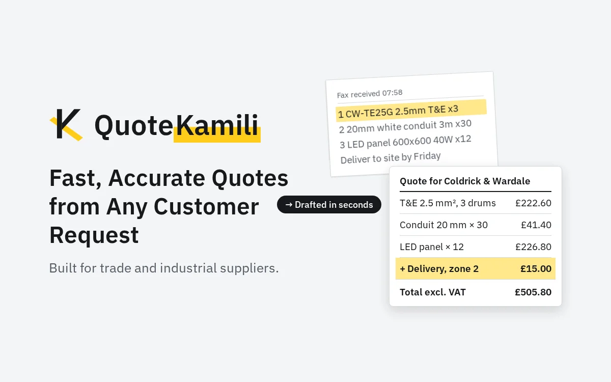 QuoteKamili: "Fast, accurate quotes from any customer request", with a faxed order turned into a priced quote and a delivery charge added.
