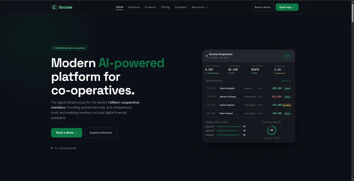 Sociale's landing page beside a cooperative dashboard with members, deposits and recent transactions.